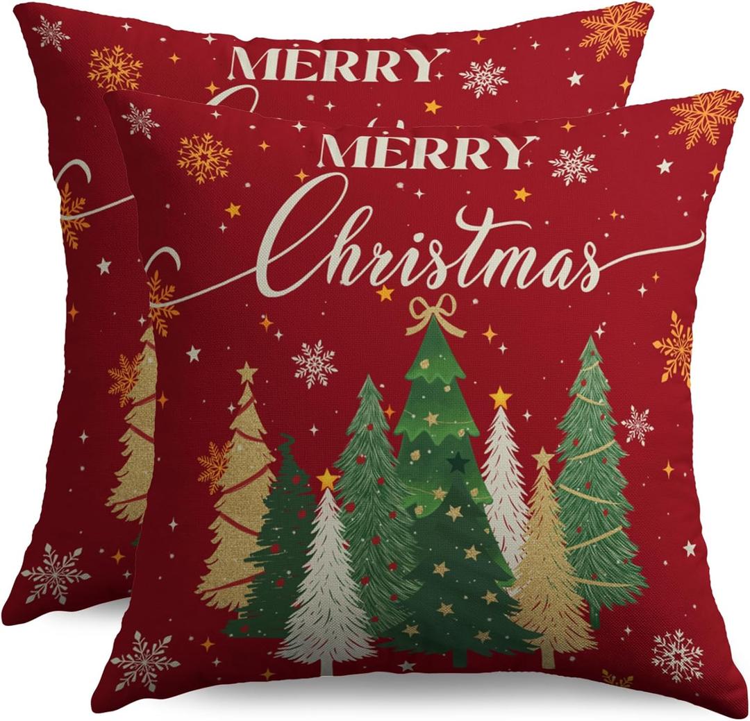 Merry Christmas Pillow Covers 18X18 Set of 2, Xmas Tree Snowflake Dark Red Winter Holiday Decorative Throw Pillowcases Outdoor Farmhouse Seasonal Cushion Cases Couch Sofa Bed Decor