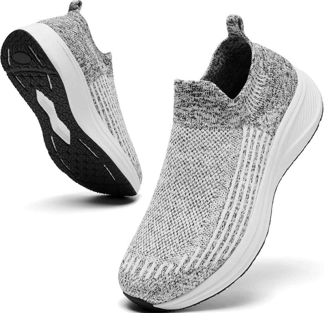 Women's Wide Slip On Walking Shoes Non-Slip Socks Shoe Lightweight Breathable Mesh Sneakers for Everyday Comfort & Style | Perfect for Work Travel White Black (White) 8