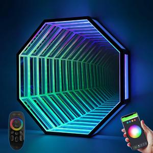 3D Infinity Mirror Light, 19.7" Octagon LED Tunnel Wall Light with 358 LEDs, App & Remote RGB Color Changing Mirror for Gaming Room Decor, Party, Bar, Geometric Art Deco Wall Mounted