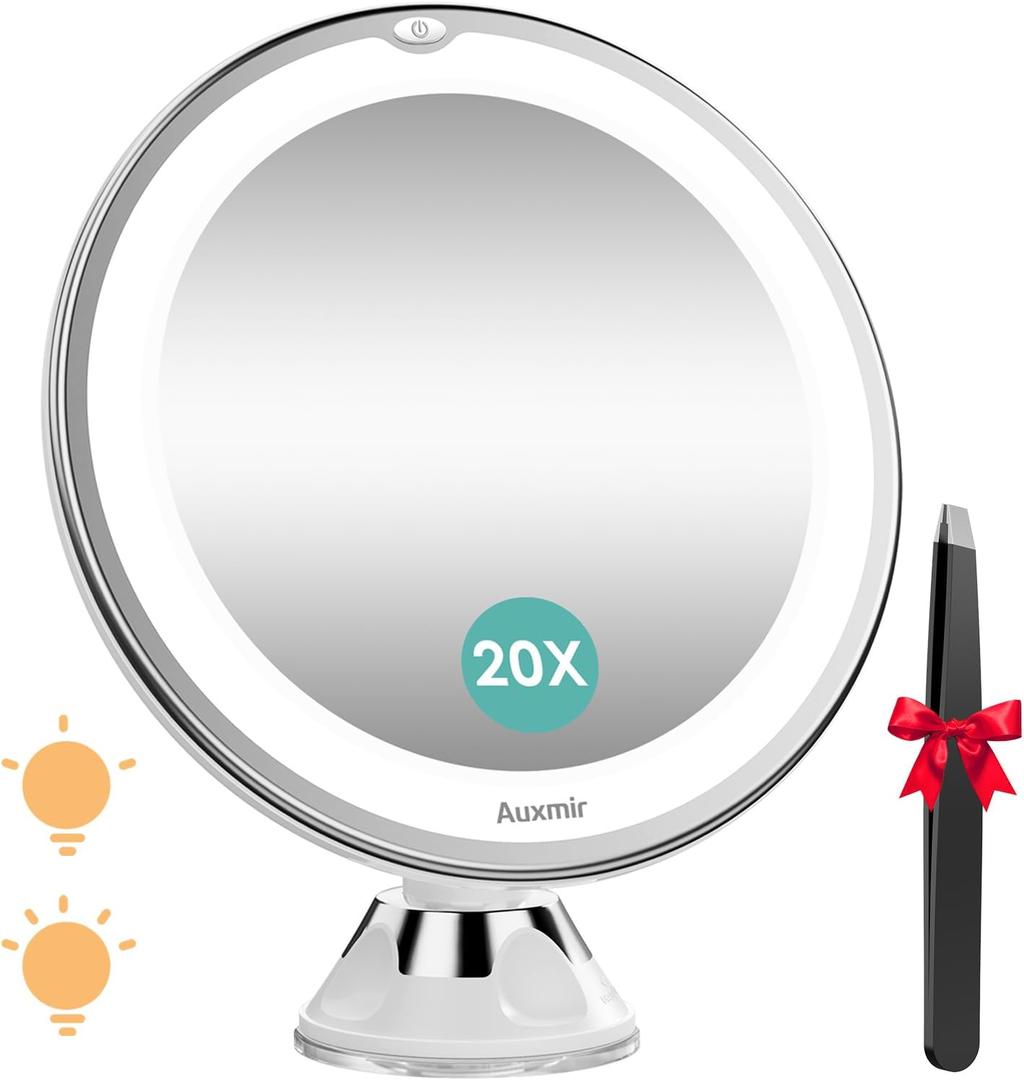 Auxmir 2025 Upgraded 20X Magnifying Mirror with Light, Makeup Mirror with 2-Level Lights, Vanity Mirror with Power Suction Cup and Tweezers, 360 Swivel, Portable Bathroom Mirror for Home Travel