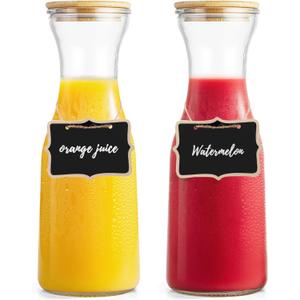 Glass Carafe with Bamboo Lid, Round 35 Oz Beverage Dispensers Carafe, Mimosa Bar Supplies, Clear Glass Pitcher with Name Labels for Iced Tea, Coffee, Juice(Set of 2)