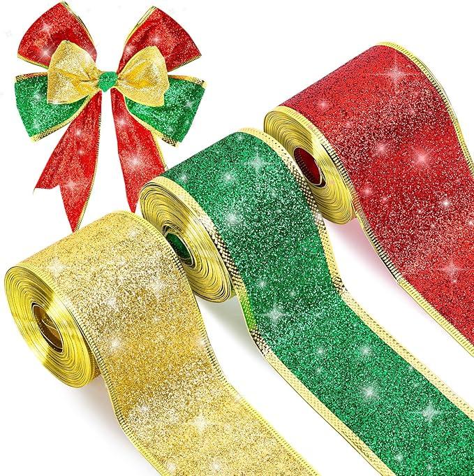 JarThenaAMCS 3 Rolls Christmas Ribbon 2.5" Xmas Glitter Wired Ribbon for Christmas Tree 30 Yard Red Green Gold Craft Ribbon for Bow Wreath Craft Gift Wrap Party Decor Pack of 2