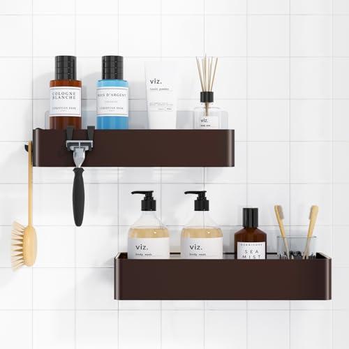 Kitsure Large Shower Caddy - 2 Pack Adhesive Shower Organizer, Rustproof Metal Shelves, No-Drill Bathroom Organizers and Storage, Brown