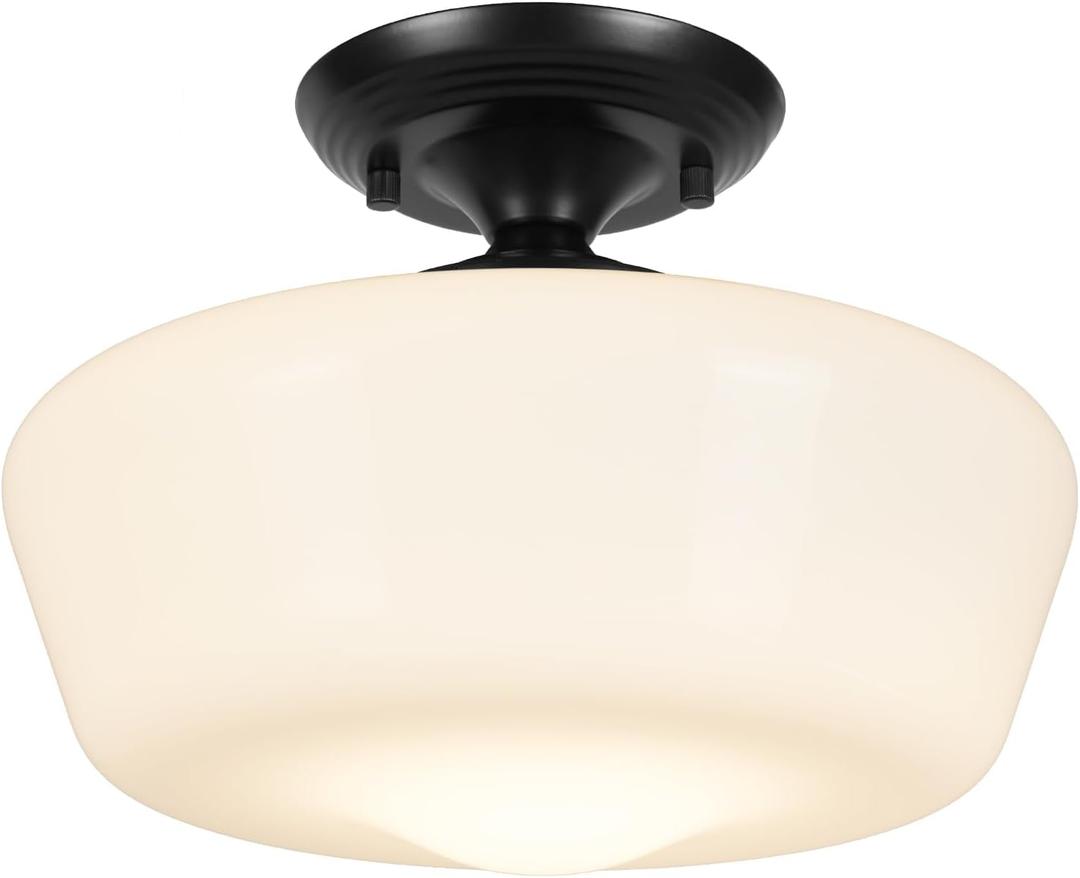 Schoolhouse Style Semi Flush Mount Ceiling Light Fixture, 12" Modern Hallway Ceiling Lamp with Opal Milk Glass Shade, Farmhouse Globe Light for Bedroom Kitchen Hallway Entryway Laundry (Black)