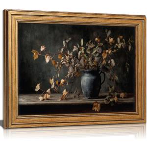 Vintage Gold Framed Flowers Wall Art, Moody Autumn Leaves in Vase Oil Painting Prints, Dark Floral Picture Wall Decor, Vintage Botanical Still Life Poster Artwork for Living Room Bathroom Bedroom, 16"L x 12"W