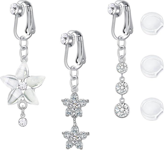 AceFun Gold Silver Fake Belly Ring Clip on Belly Button Rings Surgical Steel Non Piercing Navel Ring Butterfly Evil Eye Flower Clear CZ Dangle Fake Belly Piercing Jewelry with Pain Reducing Silicone Pad 