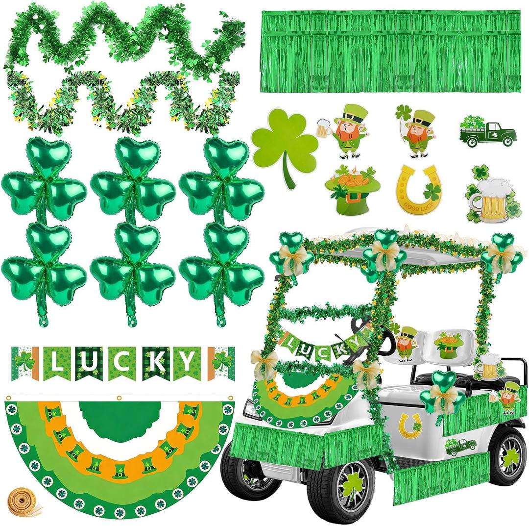28 Pcs St. Patrick's Day Parade Golf Cart Decoration Kit Saint Patrick Golf Cart Car Decor Irish Burlap Bunting Flag Paper Banner Metallic Tinsel Garland Shamrock Balloon Stickers for St Patricks Day