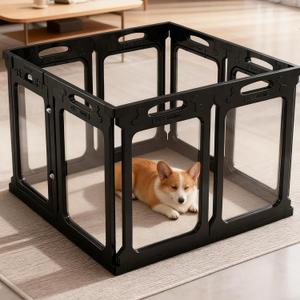 Clear Acrylic Dog Playpen Indoor, Expandable Size & Flexible Shape, Ideal for Small & Toy Dogs, Black