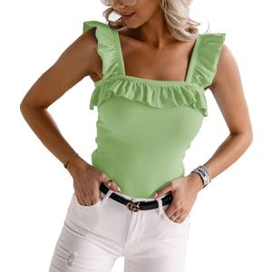 Womens Cute Sleeveless Tank Tops Ruffle Strap Square Neck Blouse Solid Color Knitted Camisole, Small