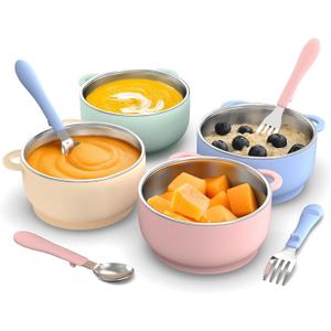 Bakpoco Toddler Bowls with suction & Utensils Set, 2-in-1 Stainless Steel 304 Kids Feeding Bowl & Silicone Suction Baby Bowl with Spoons and Forks, First Self-feeding Training Set, Organic Bloom