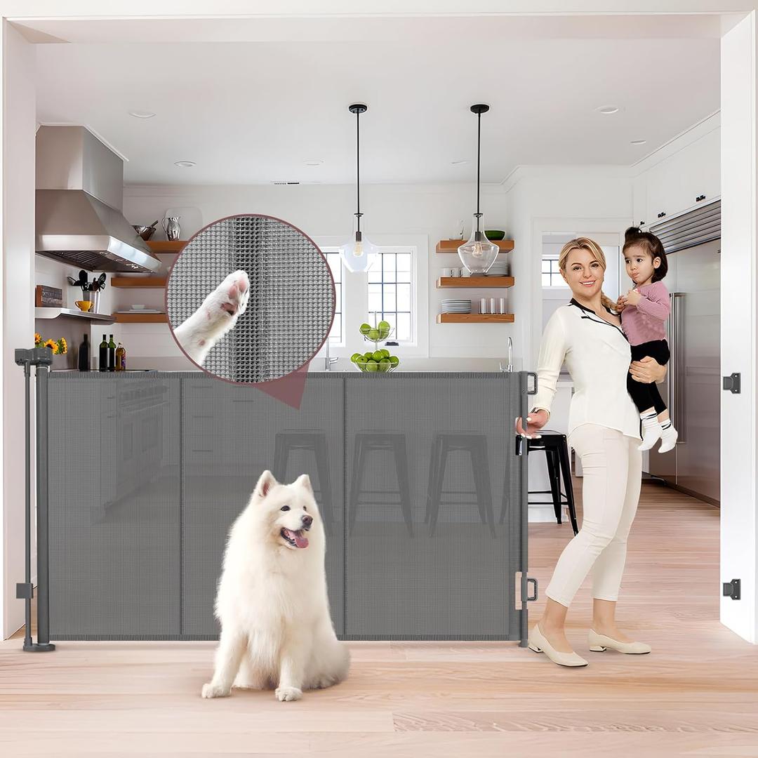 GRENFU Reinforced 41 Inch Extra Tall Pet Gate, 80 Inch Extra Wide, Retractable Baby Gate with Support Rods, Gray, Metal Frame with Mesh Fabric, Ideal for Dogs and Babies