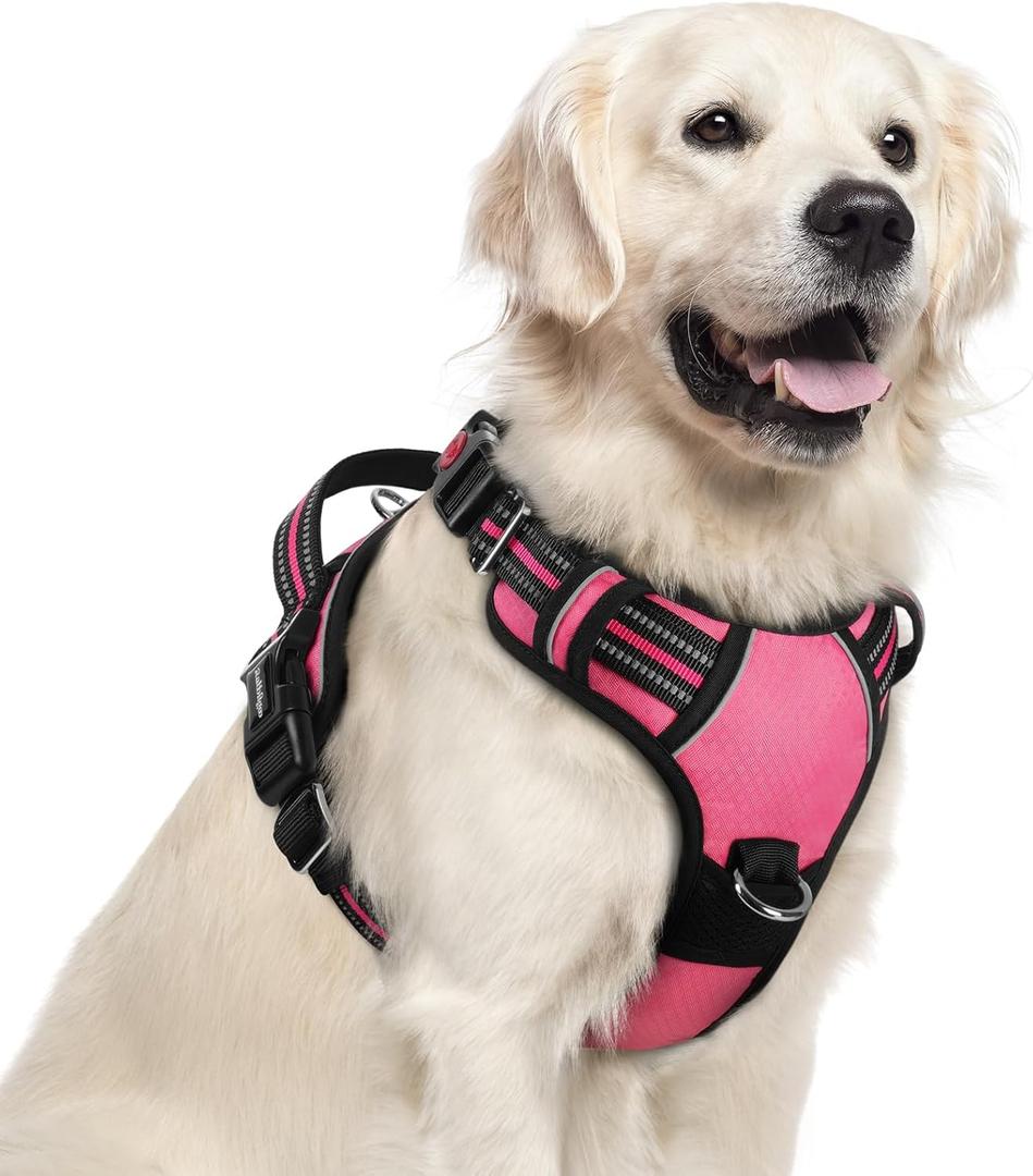Rabbitgoo Dog Harness for Large Dogs, No Pull Pet Vest with 3 Buckles, Adjustable Soft Padded Pet Harness with Easy Control Handle and Reflective Strips, Pink, XL