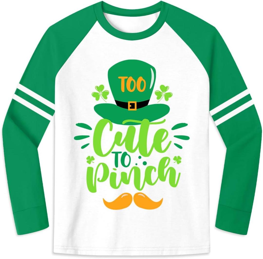 Unisex Kids St. Patricks Day Raglan Long Sleeve Shamrock Shirt Lucky Irish Patchwork Clover Top 2-10 Years (XS)
