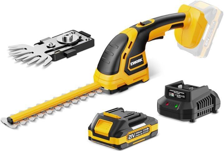 EWORK 21V Cordless Hedge Trimmer & Grass Shears 2-in-1 Handheld Small Electric Bush Trimmer with 2.0Ah Battery and Charger, Battery Powered Shrub Trimmer for Garden, Yard, Lawn Maintenance (Yellow)