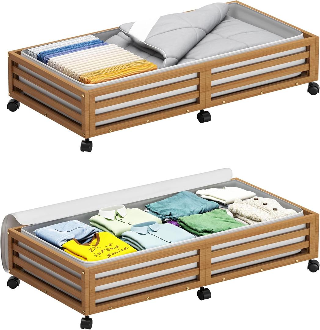 Wisuce Bamboo Under Bed Storage Containers- Underbed Organizer with Wheels with Dust Bag,Sturdy Wood Rolling Under the Bed Shoe Storage Organizer Drawers (Brwon, 2 Pack (33.07"16.54"))