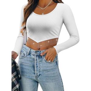ZXZY Women Soft Ribbed Sparkly Rhinestone Fringe Long Sleeve Crop Top Cropped T Shirts (Large)