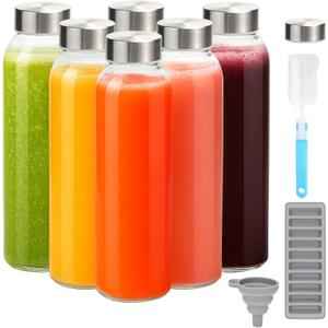 Zukro Glass Water Bottles with Lids 24 oz, 6 Pack Reusable Juice Bottles With Stainless Steel Airtight Cap for Juicing, Leak Proof Clear Drinking Jar Beverage storage container for Fridge, BPA Free