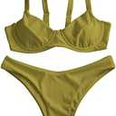 ZAFUL Women's Ribbed Underwire Bikini Set High Cut Colorblock V Notch Swimwear Printed High Leg Swimsuit L, Green 