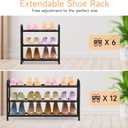 Expandable 3 Tier Shoe Rack for Closet Floor, 16"-30" Adjustable Small Shoe Organizer for Entryway, Front Door & Dorm, Space Saving Metal Shoe Shelf for Small Spaces, Black