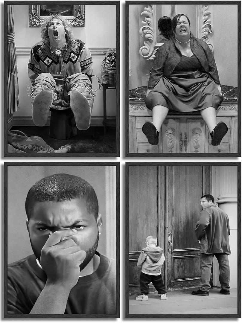 Funny Bathroom Wall Art Set of 4,Black and White Wall Decor Movie Posters Prints,Vintage Humor Bathroom Decor Wall Art for Toilet Restroom Signs,Unframed,8x10inch