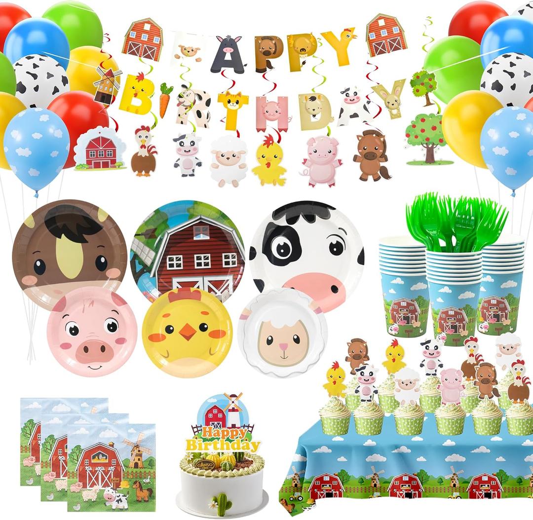 Farm Animals Birthday Decorations,161pcs Party Decorations Include Tablecloth,Plate and Napkin,Cup,Fork,Banner,Balloon,Cake Topper,Hanging Swirls, Farm Animals Themed Party Decorations Serve 24