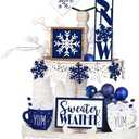 Jetec 12 Pieces Winter Tiered Tray Decor Set Snowflake Wooden Sign Let It Snow Table Decorations Farmhouse Coffee Bar Signs Winter Tray Decor for Home Kitchen Tabletop(Blue)