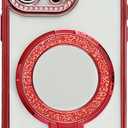 Caseative for iPhone 16 Pro Case,Glitter Bling Diamond Camera Frame Mirror with Stand Holder Magnetic Compatible with MagSafe Wireless Charging (Red,16 Pro)