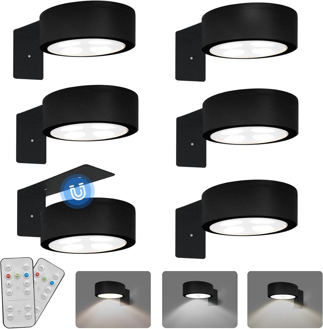 6-Pack Battery Operated Picture Light Magnetic Painting Light with 3 Lighting Modes,Remote and Dimmable Timer Art Display Light for Picture Artworking Frame Portrait,Wireless Wall Decor Puck Lights (Black)
