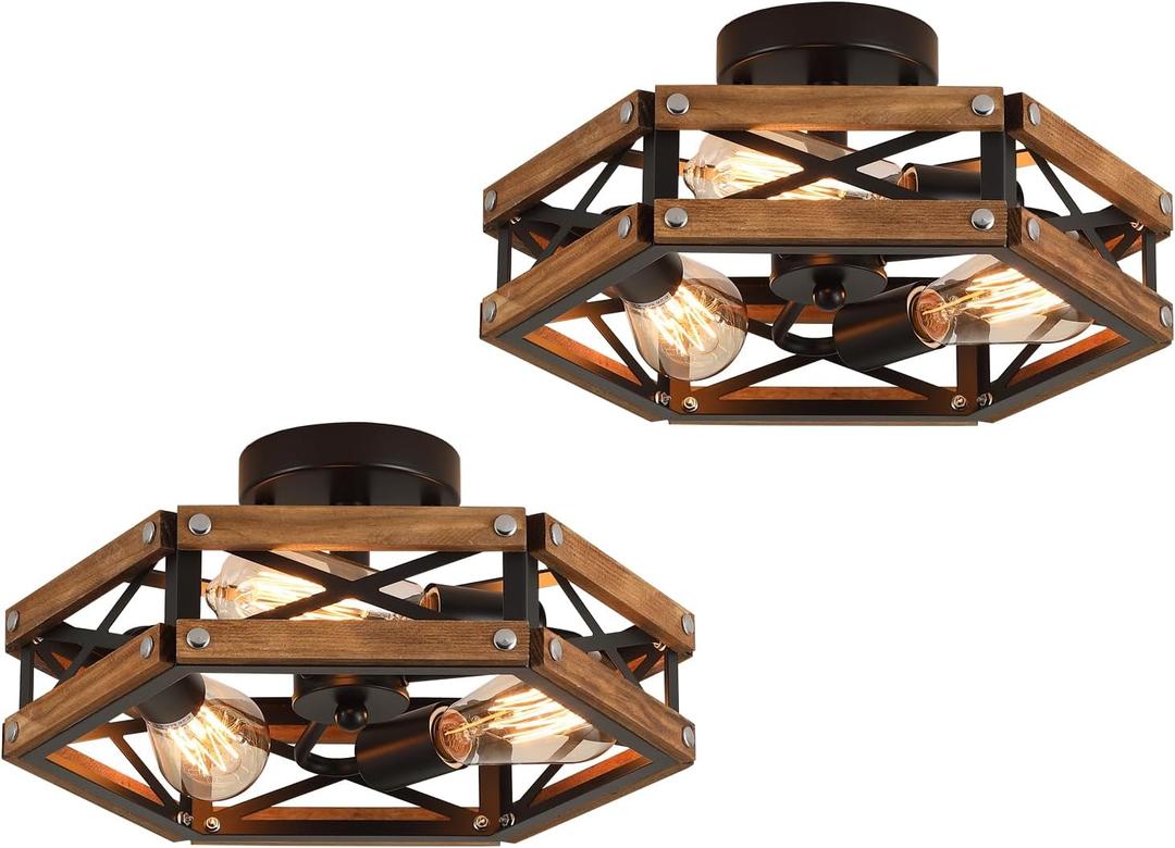 2 Pack 3-Light Rustic Farmhouse Wood Flush Mount Ceiling Light Fixture Oak Wood and Metal Cage Semi Flush Mount Ceiling Light for Hallway Hall Entry Bedroom Kitchen Farmhouse, Black