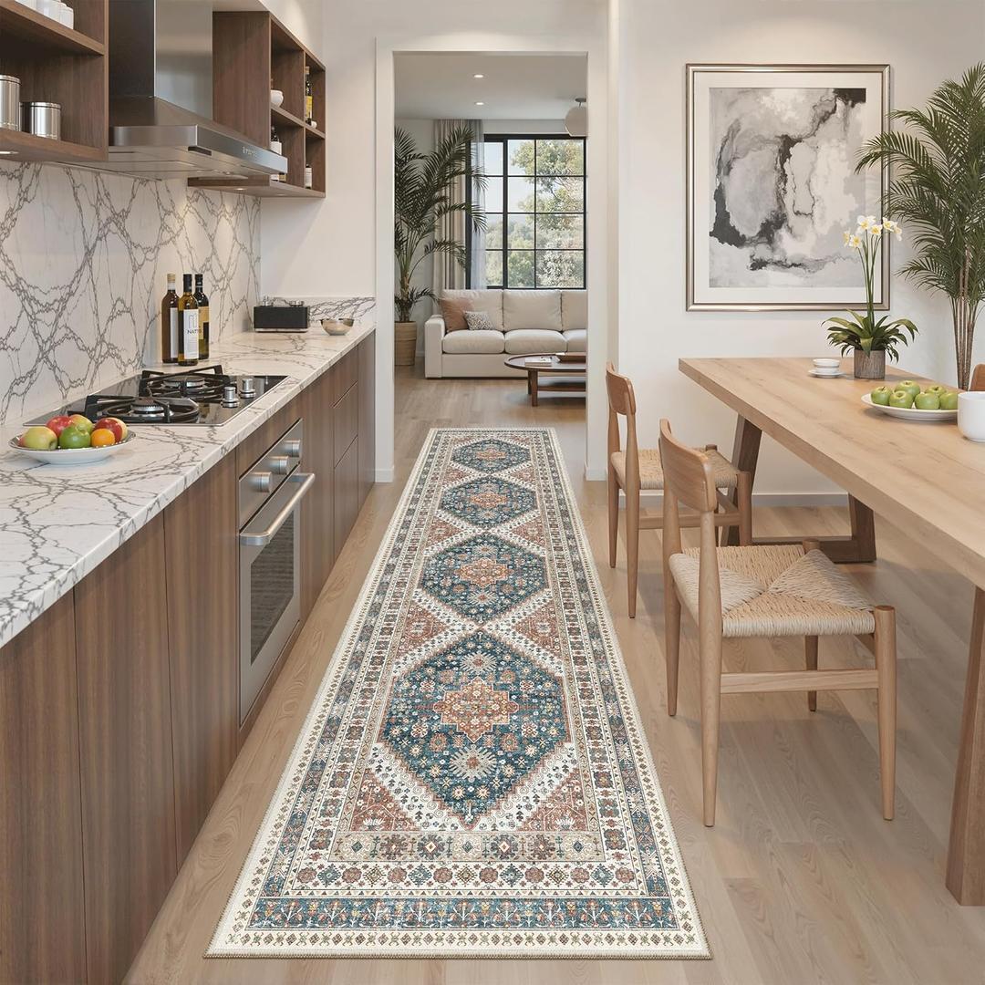 Madane Runner Rug 2x8, Washable Hallway Runner Rugs, Non-Slip Low-Pile Soft Kitchen Rug Runner Laundry Room Rug, Vintage Throw Entry Foyer Mat for Entrance Living Room (Navy Blue, 2 x 8)