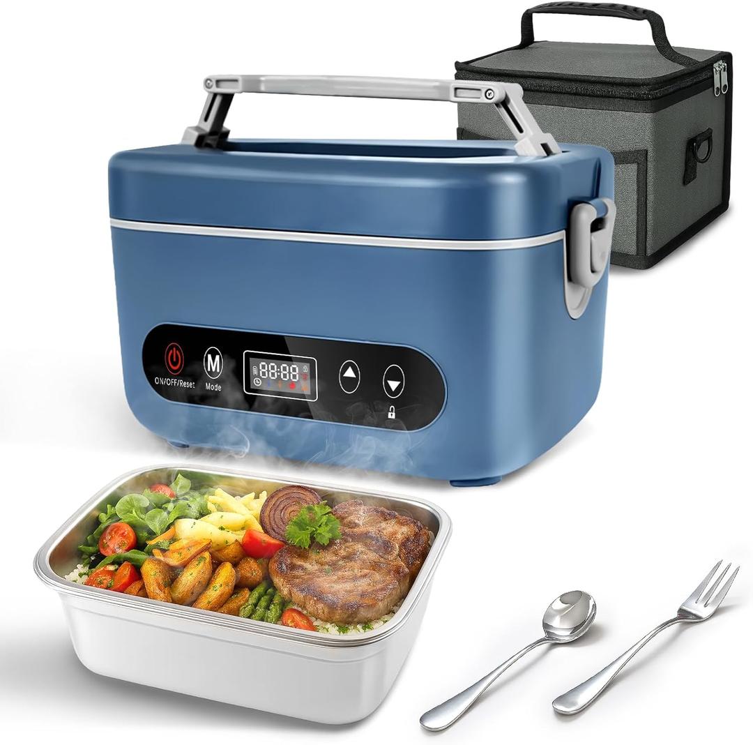 Cordless Electric Lunch Box,24000mAh Battery Powered Self Heating Lunch Box,1.2L Portable Food Warmer With Removable Divider,Insulated Bag & Utensils,For Office & Outdoor Use (Blue)