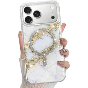 Bonoma for iPhone 17 Pro Case 2025 Magnetic Support for Magsafe Glitter Sparkly Marble Crystal Shockproof Edge Cover -White