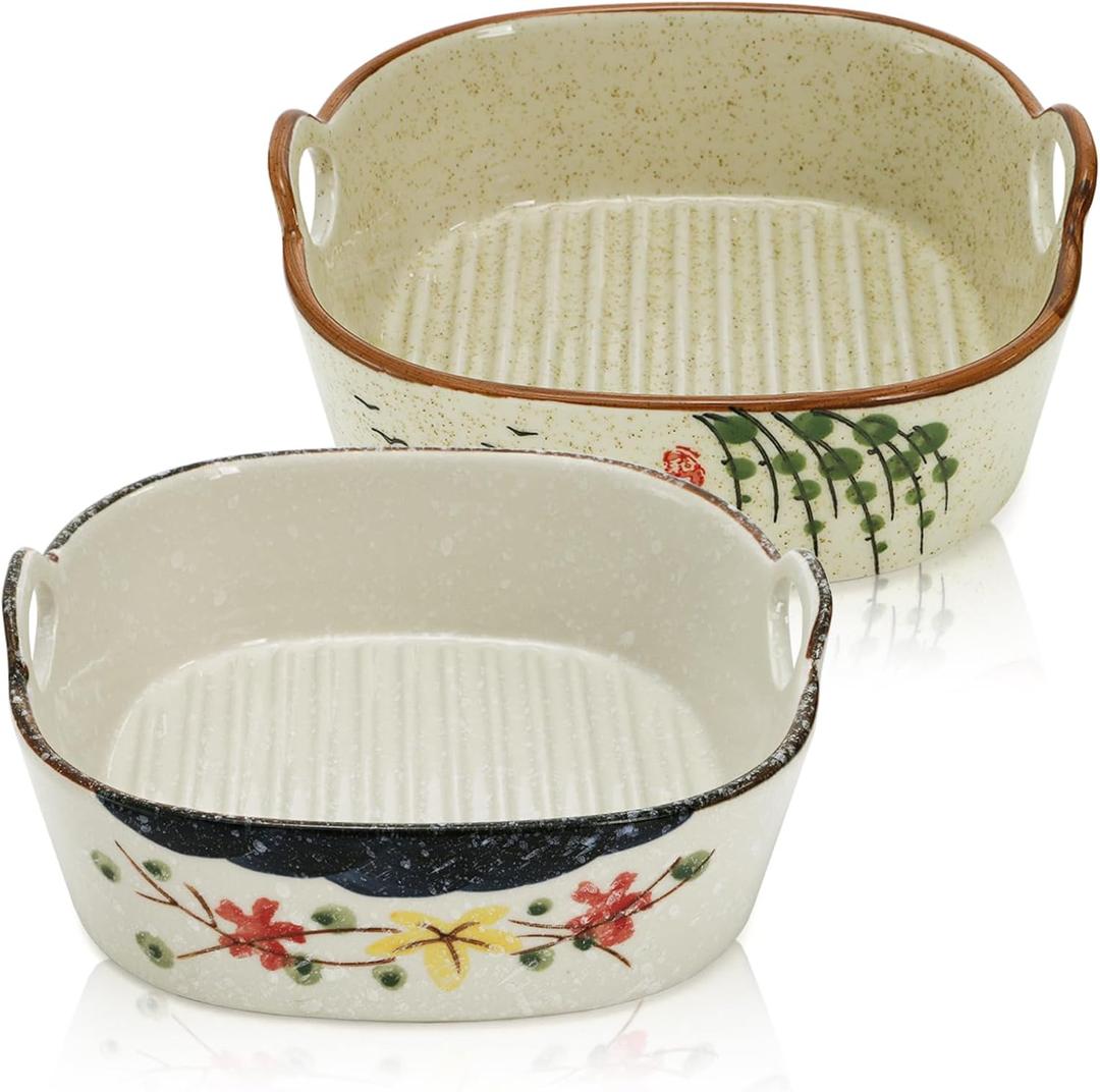 2 Pack Ceramic Small Casserole Dishes, 7" x 6.5" Baking Dish for Toaster Oven, 20 OZ Deep Lasagna Pan with Handles, Durable Vintage Bakeware Pans for Cake Brownie Kitchen, Microwave Safe
