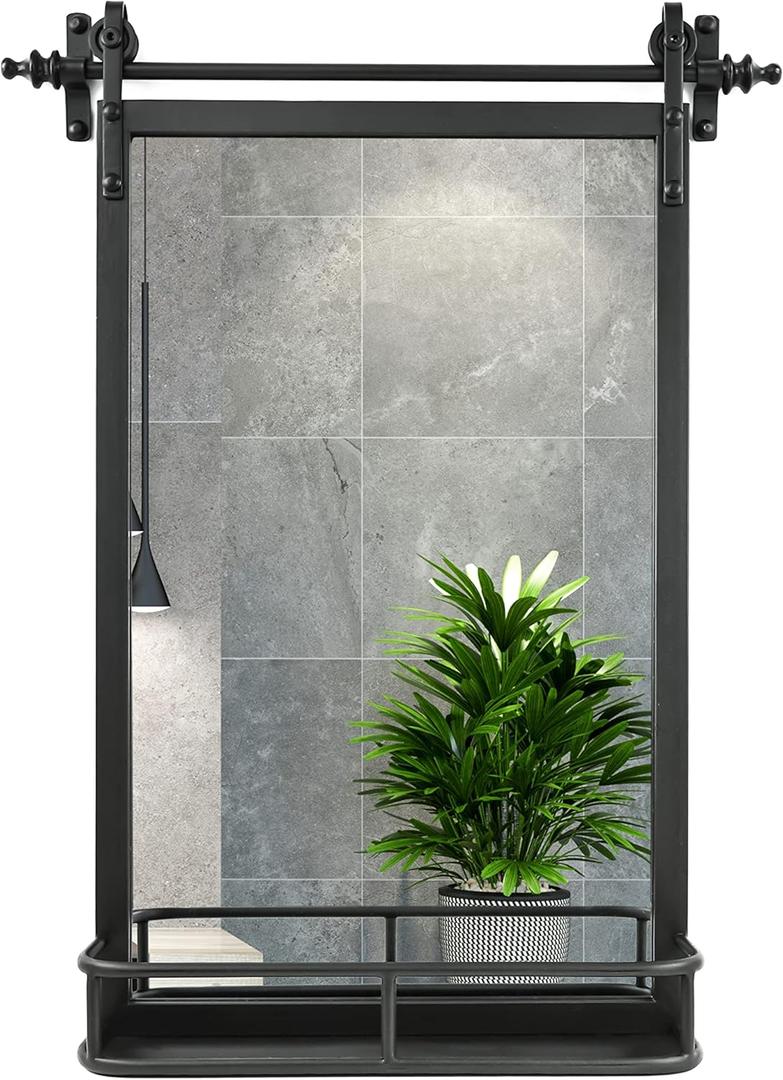 Farmhouse Iron Framed Wall Mirror with Shelf - 30" H x 21" W Large Bathroom Mirrors for Wall, Rectangular Black