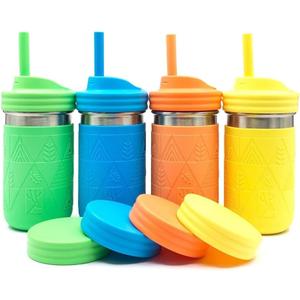 Elk and Friends 14oz Stainless Steel Kids + Toddler Drinking Cups | The Original Mason Jar with Sleeves + Lids | Silicone Straws | Smoothies | Storage Jar | Spill Resistant | Dishwasher Safe | 4 Pack (Green/Orange/Yellow/Blue)