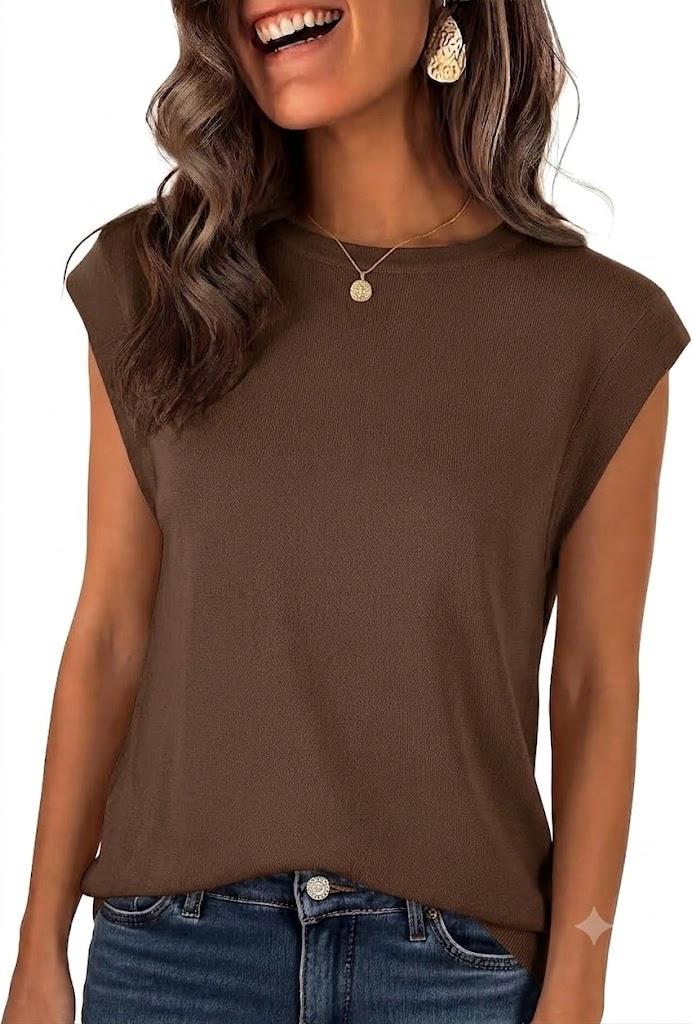 ANRABESS Women's Sweater Vest 2026 Summer Crew Neck Cap Sleeve Tank Tops Business Casual Lightweight Pullover Sweaters Shirts Coffee-L