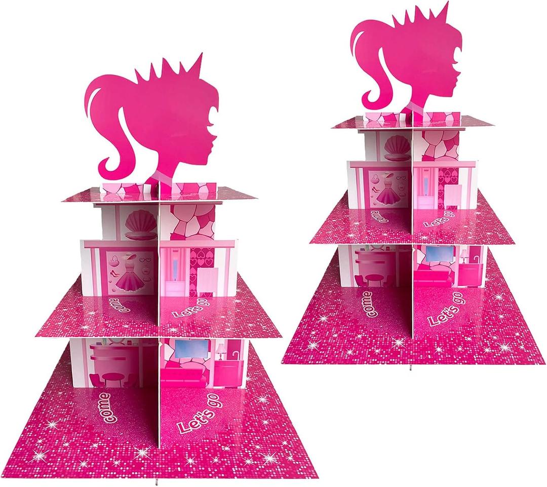 Zliisang 2-Piece Pink Princess Cupcake Stand - 3-Tiered Dessert Table Display with Pink Centerpieces for Girls' Birthday Parties & Baby Showers