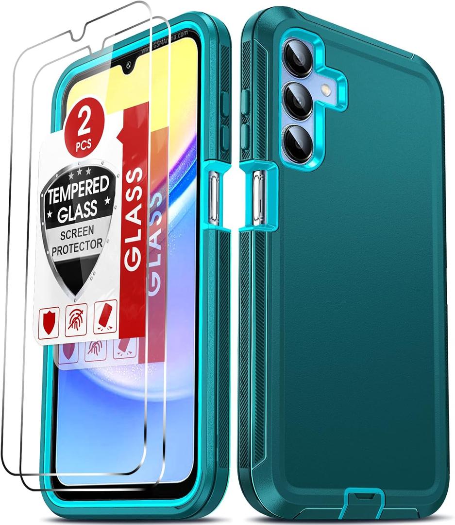 LeYi Compatible for Galaxy A15 5G Phone Case: Samsung Galaxy A15 5G Cover with 2Pcs Tempered Glass Screen Protector, Heavy Duty 3 in 1 Full Body Shockproof Rugged Funda para A 15 5G SM-A156U, Teal