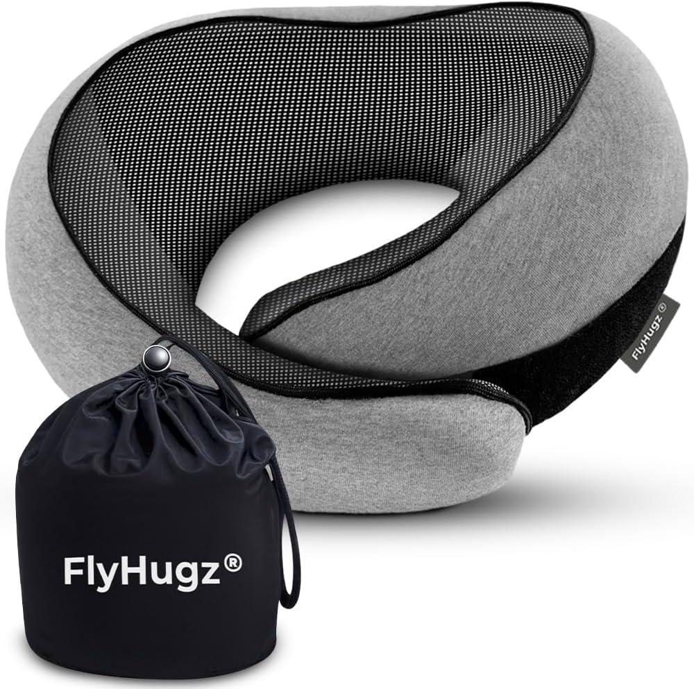 FlyHugz Neck Travel Pillow | Memory Foam Neck Pillow for Comfort on Airplane | Compact and Ergonomic Design for Travel, Car Rides, and Home Use | Ideal for Adults and Kids (Gray)