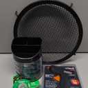 Round black metal mesh rack/shelf (with hooks attached)

Black plastic container/bin

3-pack of Scotch Magic Tape rolls (with green dispenser packaging)

Black and orange hot glue gun (in packaging)

Pack of glue sticks (included with the glue gun packaging)