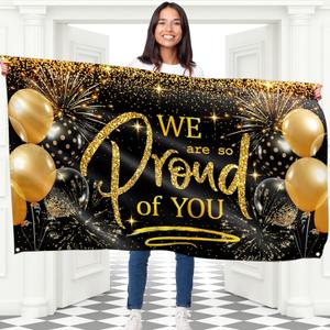 We are Proud of You Congratulations Decorations - Graduation Banner - 5ft x 3ft (Black & Gold)