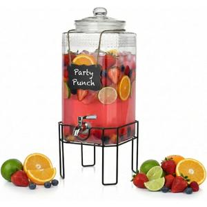 2 Gallon Glass Drink Dispenser, Drink Dispensers for Parties, Beverage Dispenser with Stand and Glass Lid, 100% Leakproof Spigot, Ideal for Lemonade, Juice, Laundry Detergent Dispenser