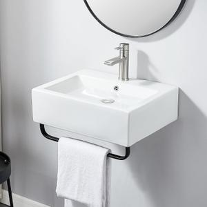 VCCUCINE Modern 21x16 Inch Wall Mounted Bathroom Vessel Sink with Towel Rack,White Rectangle Wall Hung or Countertop Porcelain Ceramic Lavatory Bath Vanity Sink Art Basin with Faucet Hole and Overflow