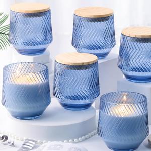 6 Pcs 13.5 OZ Blue Large Candle Jars for Making Candles, Ribbed Unique Candle Jars, Glass Jars with Wooden Lids and Labels for Candle Making Supplies, Container, Blue Table Decor, Gift (Medium)