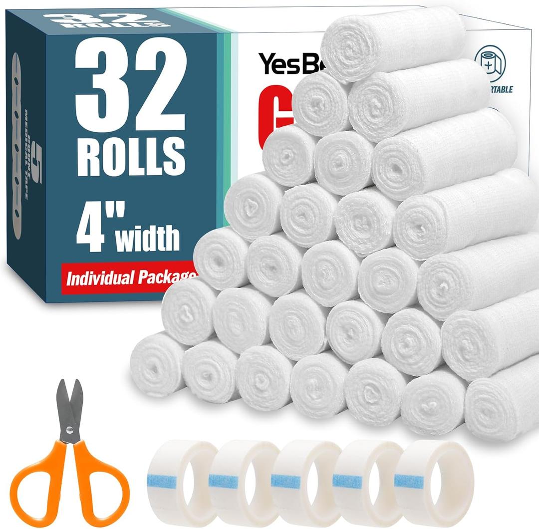 YesBes 32 Pack Gauze Rolls, 4 in x 4.1 Yards, Premium Gauze Wrap Roll for Wounds, Bandage Wrap Rolled Gauzes, Mummy Wraps, Individually Wrapped