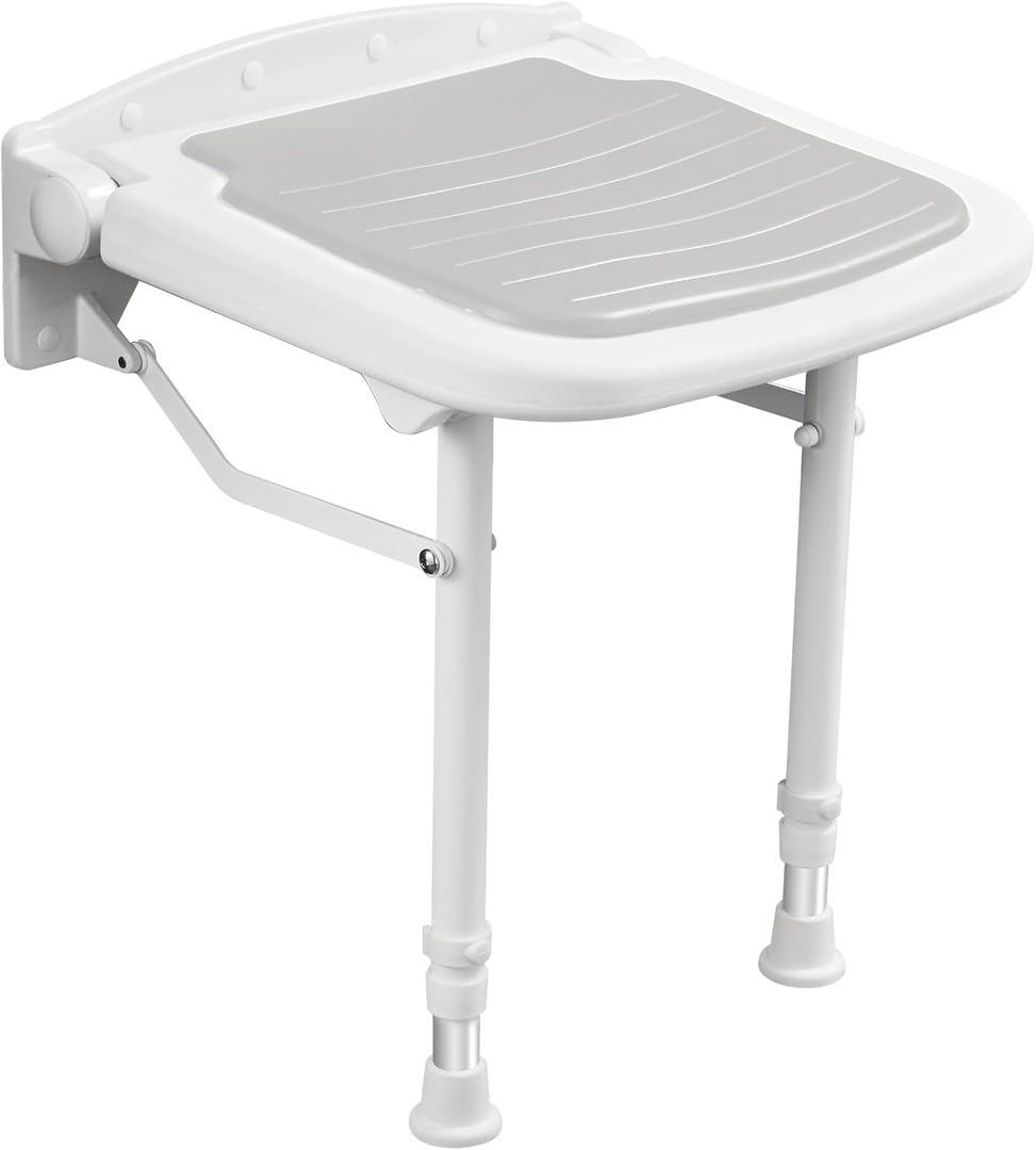 Wall Mounted Shower Seats w/PU Cushion (FS/HS Eligible) Support 550lbs, Adjustable Height Folding Shower Chair Wall Mounted for Elderly-Adults-Pregnants-Seniors-Disabled