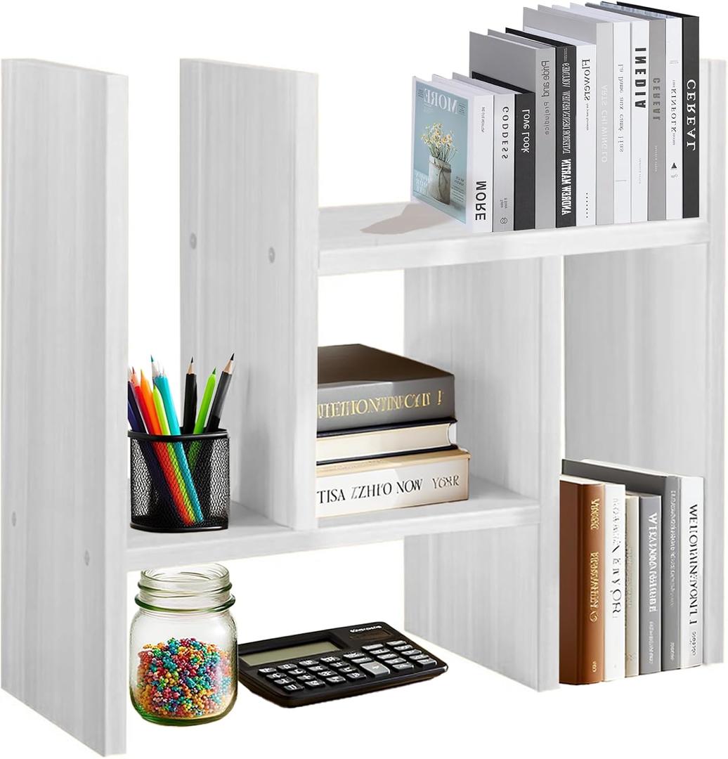 White Desk Organizer Shelf Wooden Desktop Bookshelf Adjustable Desktop Organizer Shelves Small Book Shelf for Office Desk Supplies Home Storage Natural Stand Decor (1*)