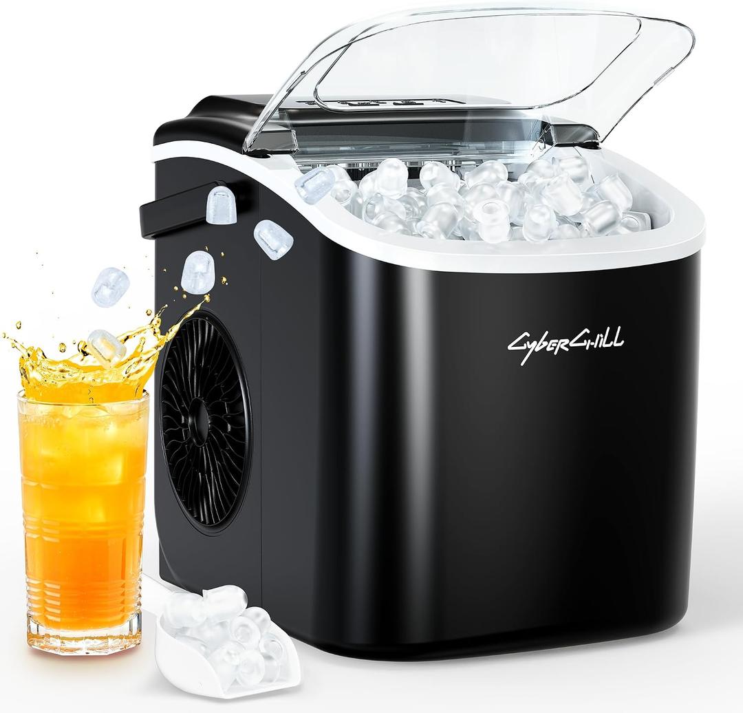 CyberChill Countertop Ice Maker, Portable Ice Machine with Handle, 6 Mins Fast Ice, 26 lbs/Day, Self-Cleaning with Ice Basket & Scoop, for Home, Kitchen, RV, Camping