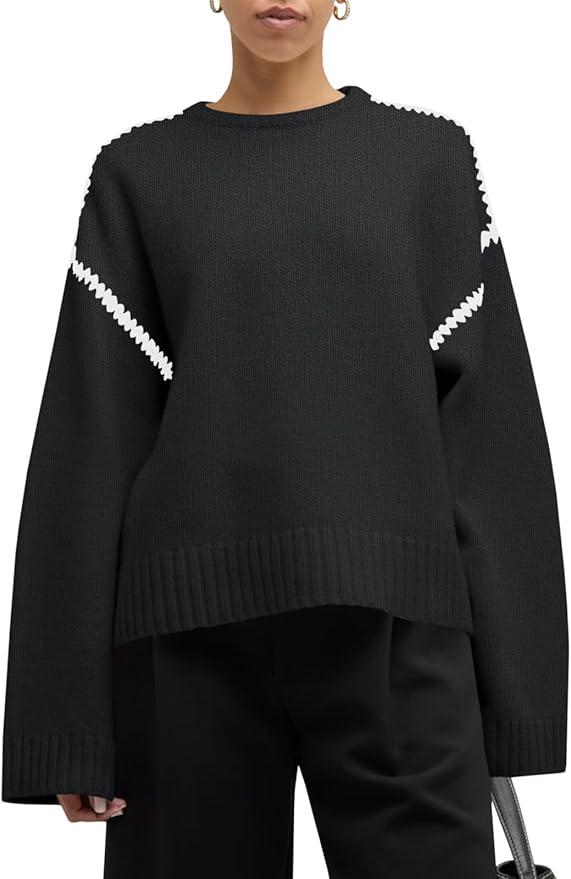 Saodimallsu Womens Sweaters Crewneck Long Sleeve Fall Chunky Knit Sweater Color Block Slouchy Loose Pullover Jumper Tops, M