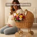 Handwoven Rattan Stroller Shaped Flower Basket on Wheels Vintage Wicker Planter for Fresh Flowers, Baby Gift, Wedding Decor, & Rustic Home Accent